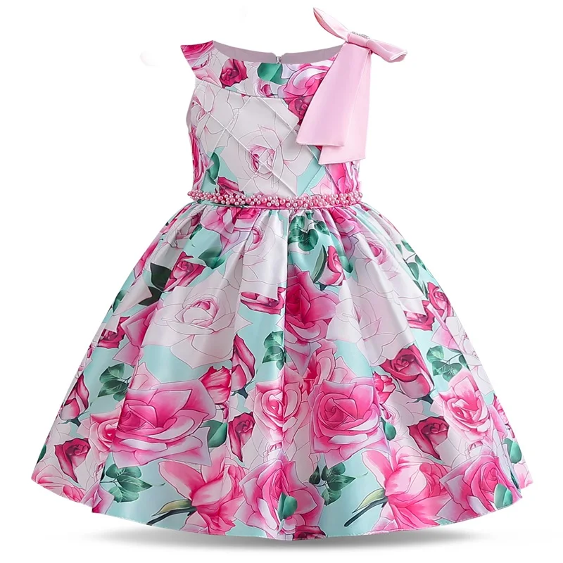 Summer Girls Dress Sloping Shoulder Bridesmaid Wedding Princess Print Children's Bow Birthday Ball Party Show Evening