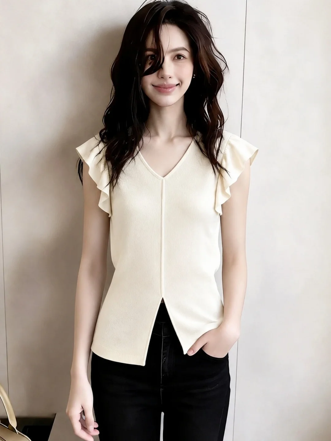 

Summer Slimming V-Neck Sleeveless Top Women's Fashion Gentle Style French Straight Cut Open Split Short Sleeve Ladies' Shirt