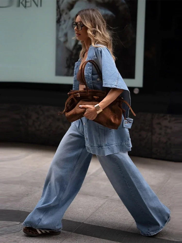 

Y2k Women's Oversized Denim Two Piece Set Trendy Outfits Loose Jacket Matching High Waist Wide Leg Baggy Jeans Chic Streetwear