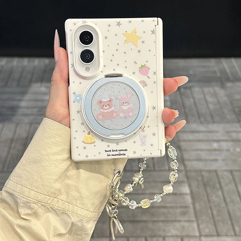 Korean Cute Star Bear Rabbit Phone Case For Samsung Galaxy Z Fold 8 ZFold8 Cover with Stand Chain Kawaii Magnetic Hinge Case