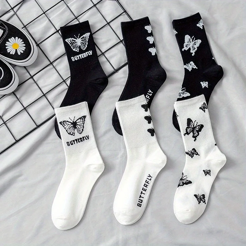 (1/3/6 Pairs) Butterfly Tube Socks, Comfortable and Breathable Long Socks, Suitable for All Seasons, Cute Outdoor Sports Socks