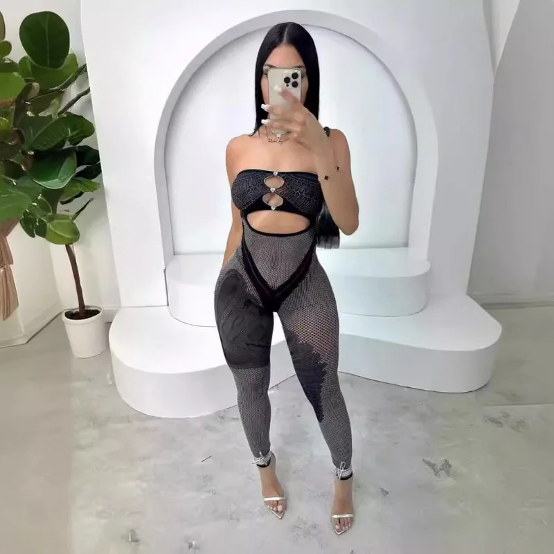 2024 Summer Sexy Strapless Patchwork Hollow Out Diamonds Skinny Jumpsuits Women Off Shoulder See Through Street Clubwear Rompers