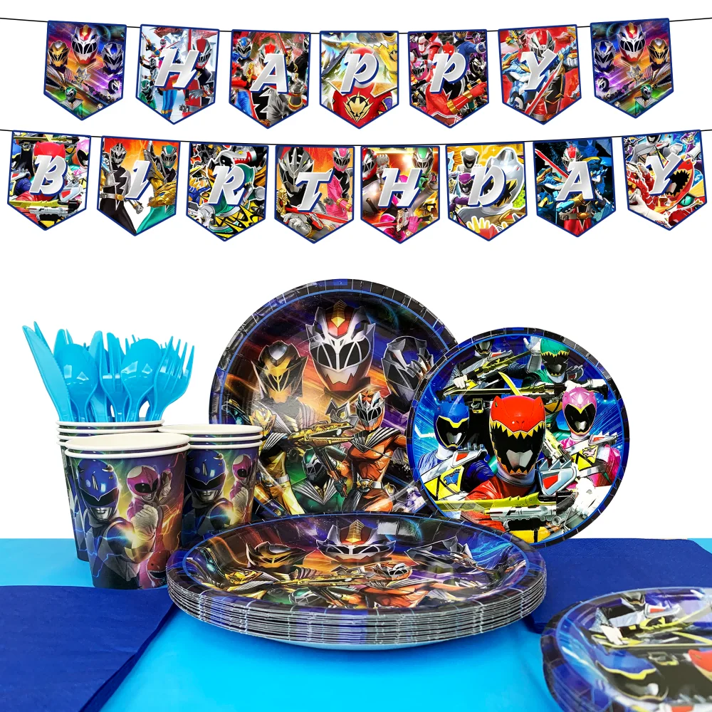Power Rangers – décorations d'anniversaire, vaisselle, 128 pièces, fournitures de fête d'anniversaire Power Rangers, assiettes, serviettes, nappes, bannière, etc.