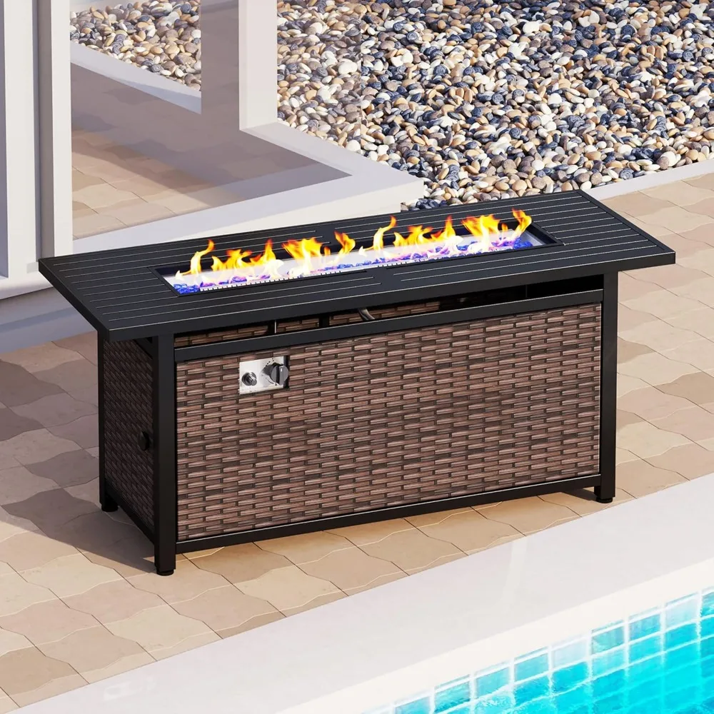 

Gas Fire Pit Table,56 Inch Large Long Rectangular Outdoor Patio Propane 50000 BTU with Lid and Blue Fire Glass,Rattan Fire Table