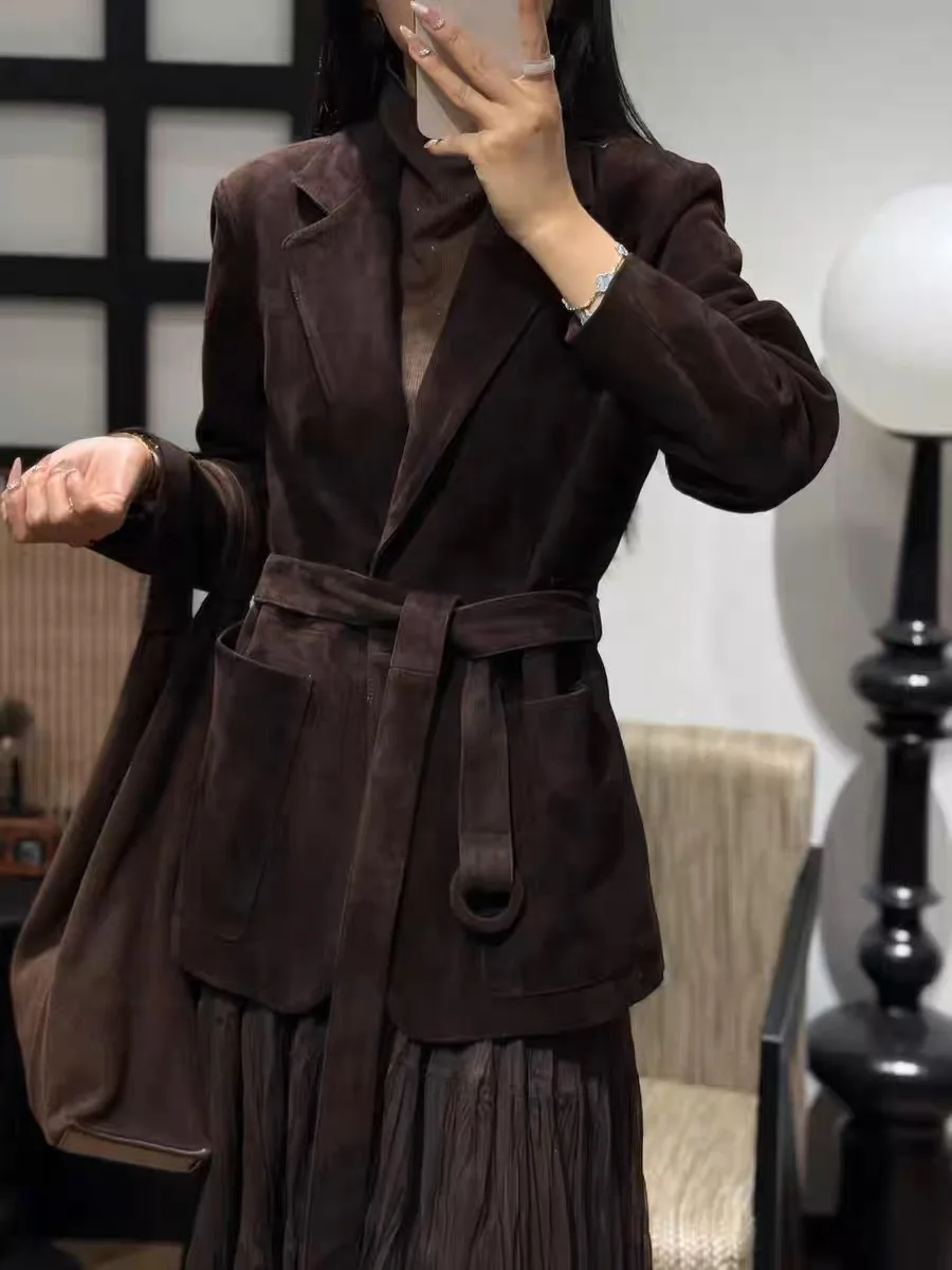 Elegant High-end Kid Suede Leather Jacket for Woman Auburn Square Neck Single Breasted Long Coat with Waistband Female Outwears
