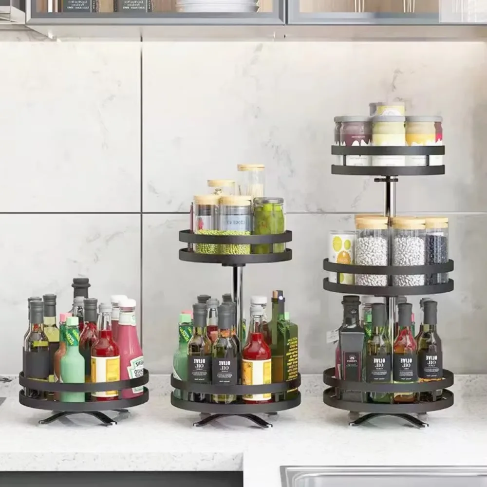 

360°Rotation Spice Rack Organizer Multi-layer Carbon Steel Kitchen Countertop Storage Rack Adjustable Non-Skid