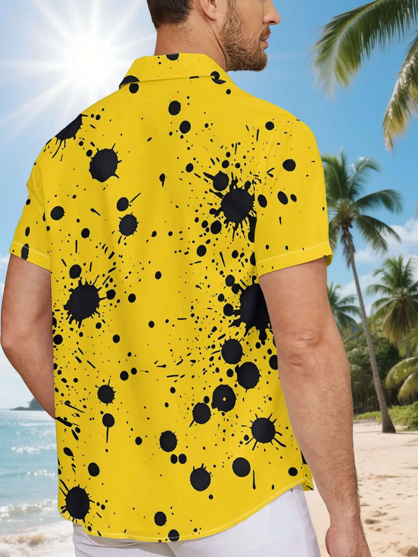 Men Short Sleeve Button Down Shirt Yellow Black Ink Splash Splatter Print Polyester Casual Beach Holiday Blouse