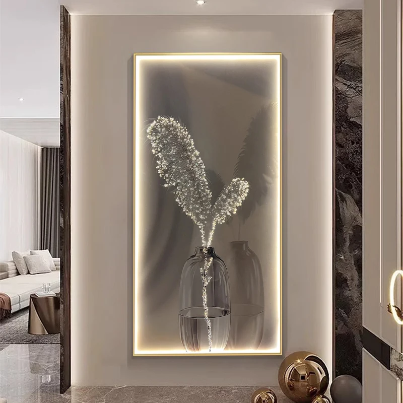 #Modern Luxury Feather Decoration Painting Led Lighting Painting Minimalist Corridor Painting Living Room Vertical Mural Paintin