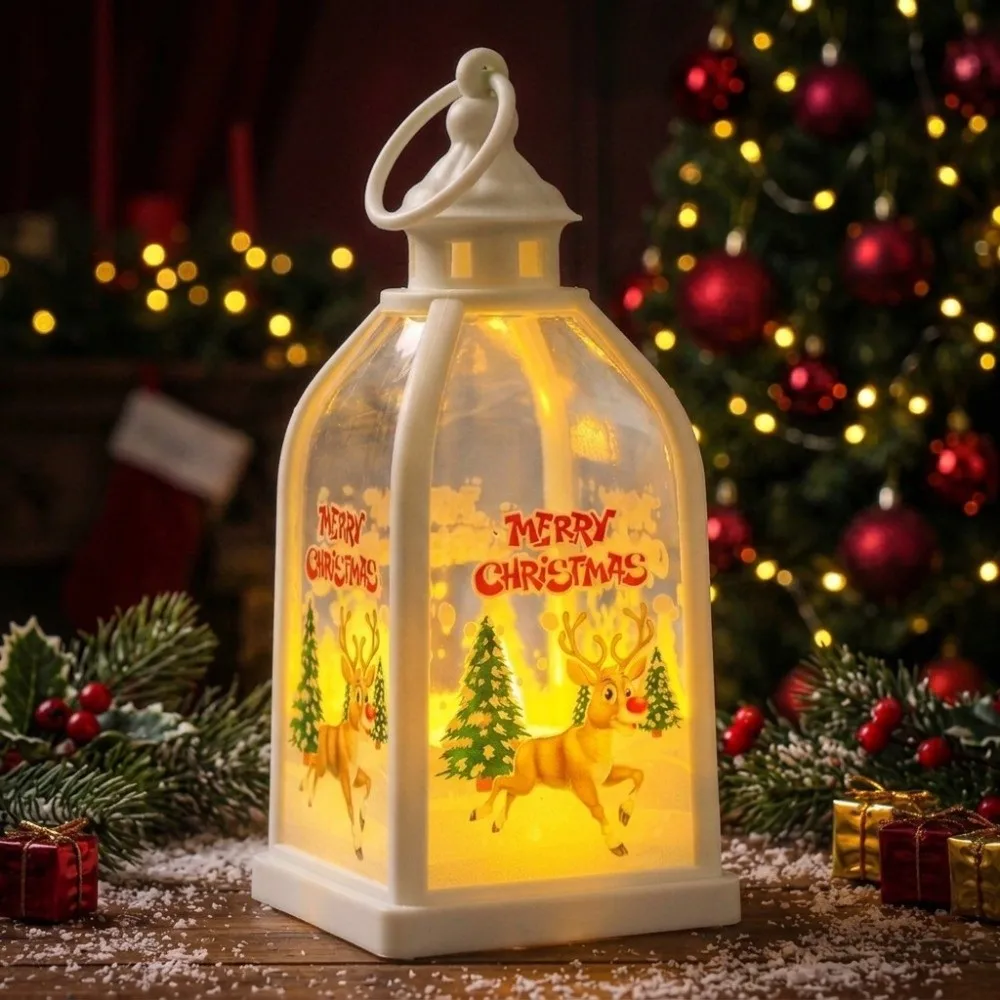 Warm Glow Christmas Lantern Vintage Shape Hanging Ring Xmas Night Light Printed Pattern Flame Effect LED Candle Lamp Xmas Party