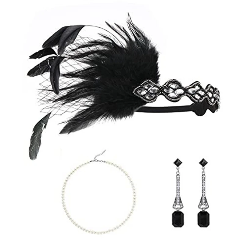 Accessori per Flapper da donna Gatsby Party Costume orecchini con fascia elastica in piuma