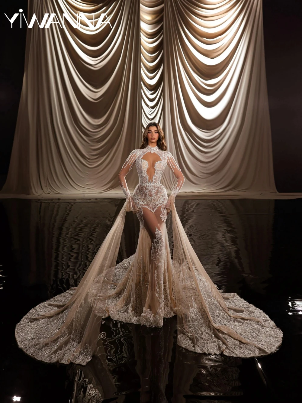 

Illusion Sparkly Beaded Lace Wedding Dress Luxurious Mermaid Long Bridal Gown Customized High Collar Dresses For Bride