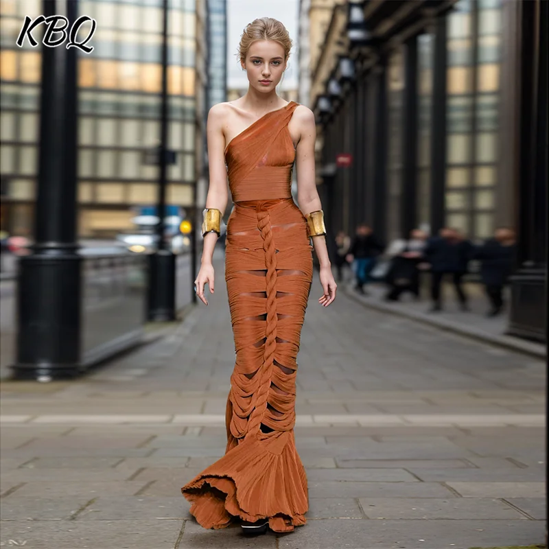 

KBQ Temperament Slimming Two Piece Sets For Women Diagonal Collar Sleeveless Tops High Waist Long Skirts Solid Hollow Out Set