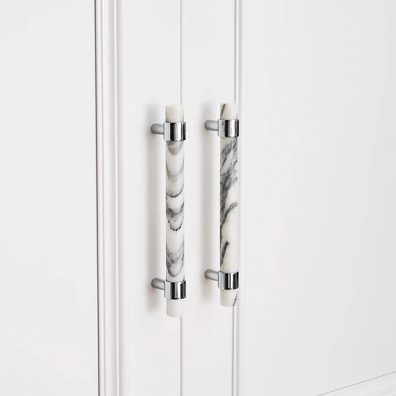 Furniture Wardrobe Handles Shoe Cabinet Drawer Knobs Natural White/Black Marble + Solid Brass Silver Shiny Chrome Long Handle