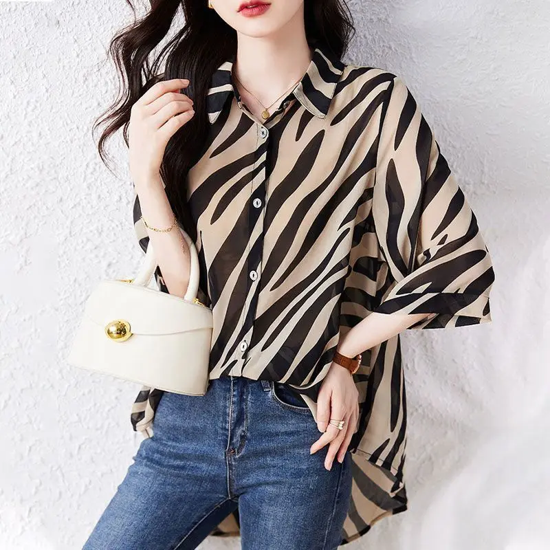 

Women's Striped Turn-Down Collar Chiffon Shirt, Loose Tops, Elegant Clothes, Office Lady, Simplicity, 3/4 Sleeve