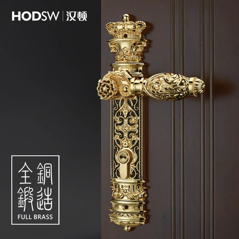 Universal wooden door lock Silent brass European-style villa solid wood bedroom door lock Gold bronze
