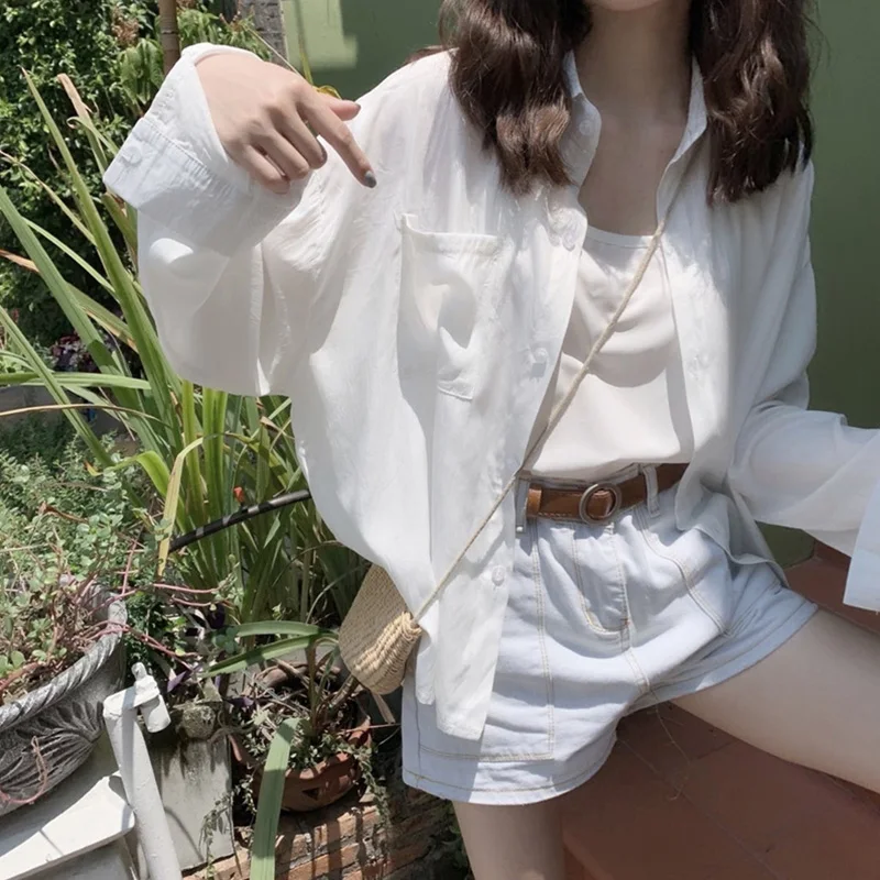 Women's Thin Shawl Cardigan Sun Protection Clothing Summer Outerwear Cover up Shirt Chiffon Long Sleeve  Collar Loose Fit