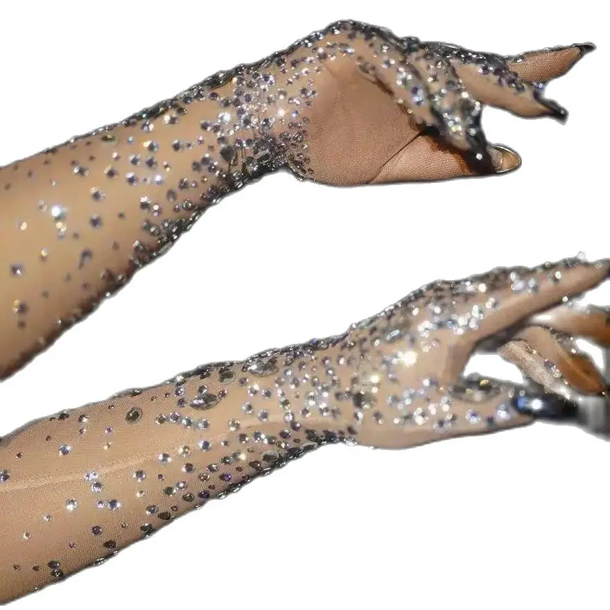 Fashion Stretch Rhinestone Gloves Women Sparkling Crystal Mesh Perspective Long Gloves Nightclub stage wear