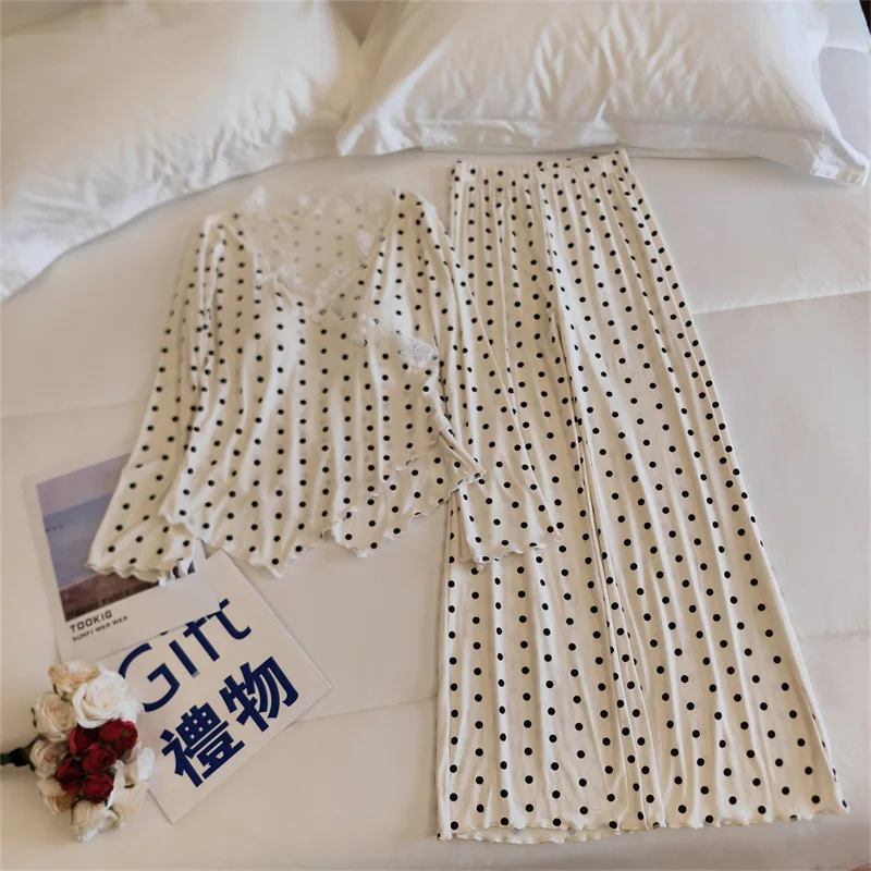 French Princess Pajamas Sexy Chest Pad Two Piece Set For Women Autumn Winter Sleepwear For Sleeping Clothes Modal Home Wear 3