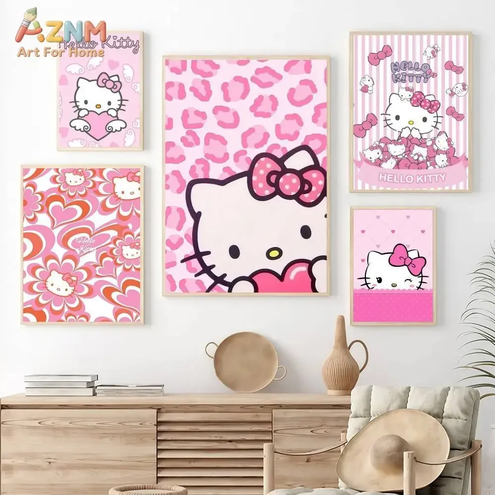 AZNM Hello Kitty Pink Leopard Print Heart Canvas Print Frameless Wall Art Cute Cartoon Poster Girls Bedroom Home Decor Painting