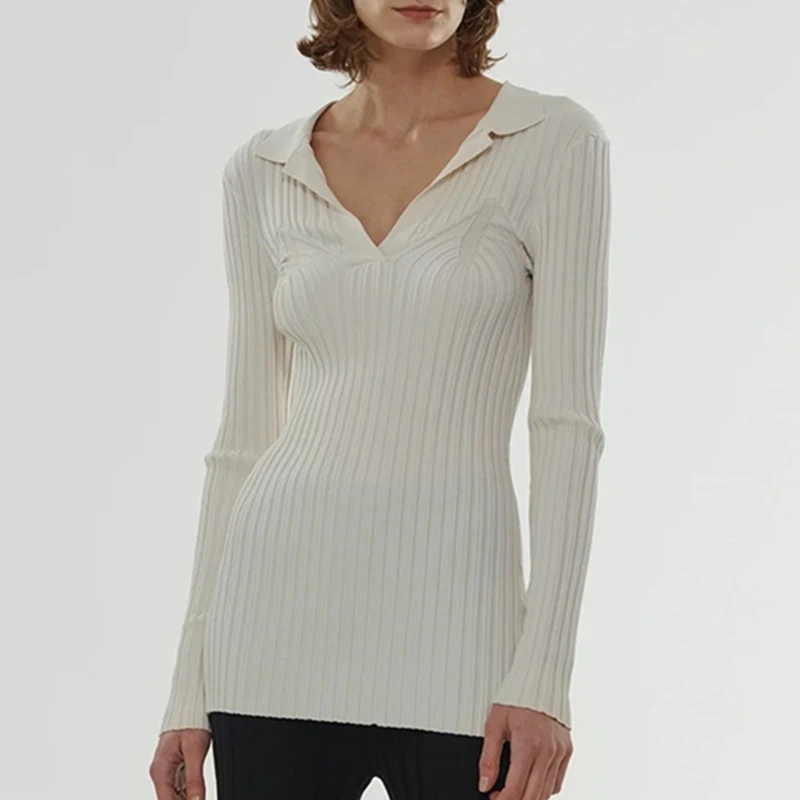 

Maxdutti French Minimalist Lapel V-neck Slit Slim Knit Sweater For Commuting T-shirt Woman Clothes Female Clothing Base Top 2026