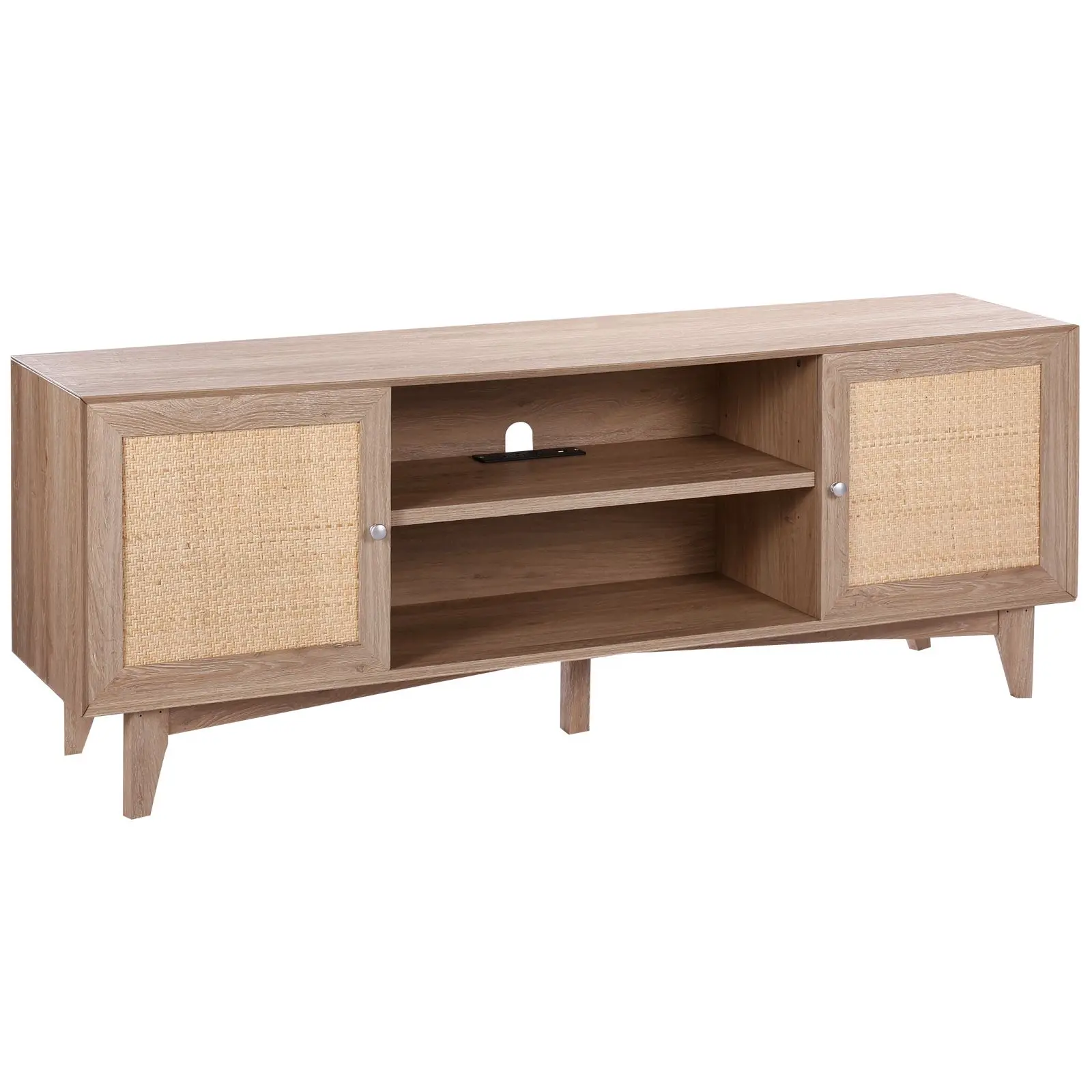 Rattan TV Stand, Mid Century Modern TV Stand for 75 inch TV, Boho Rattan TV Cabinet with Build-in Socket and USB Ports, Adjustab
