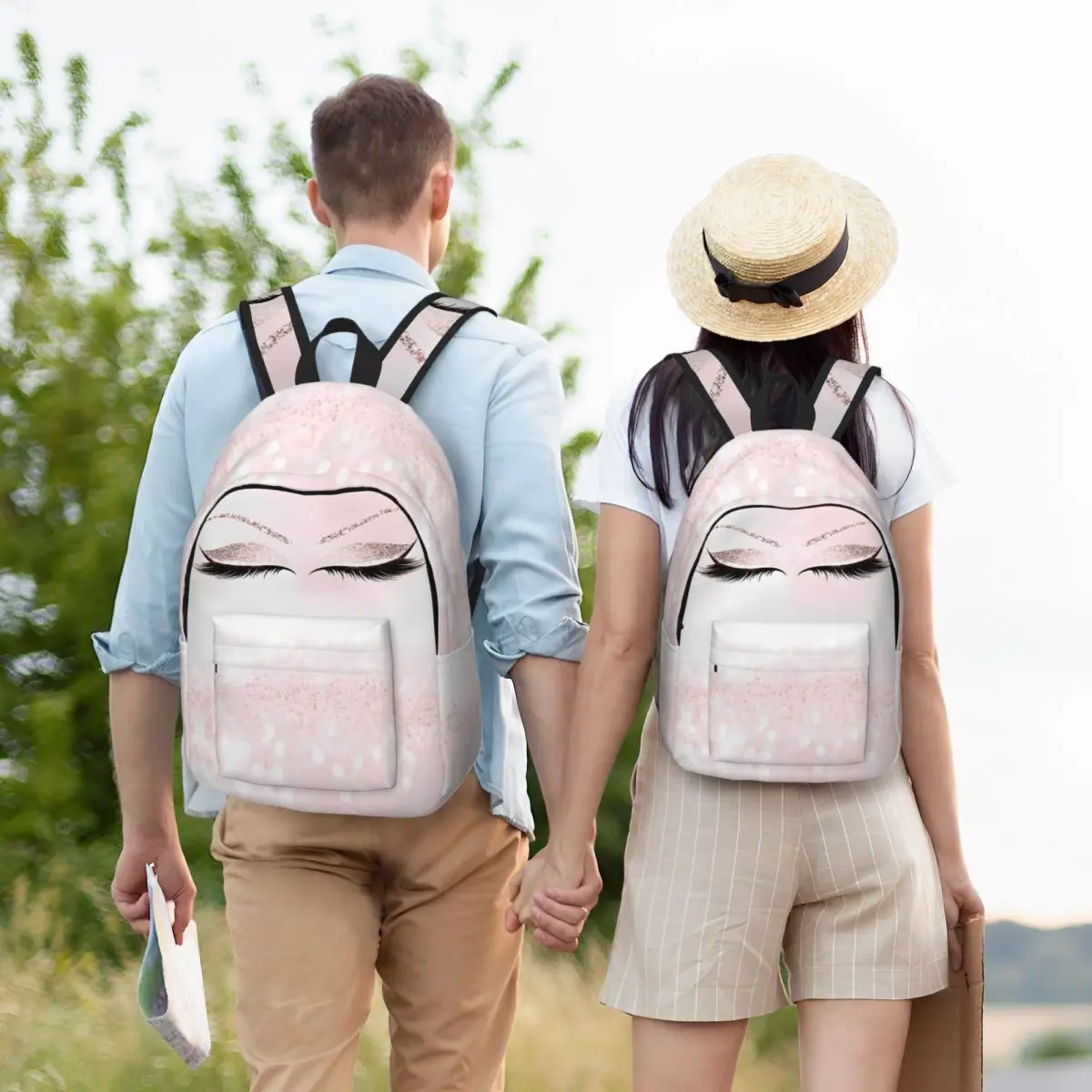 Mochila estampada coroa de cílios rosa para homens e mulheres, bolsa de ombro leve, mochila para estudantes, presente de aniversário, laptop, moda