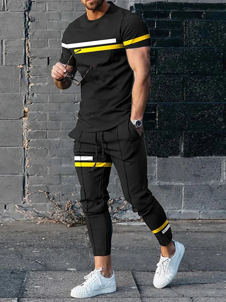 Men\'s Tracksuit Printed Sportswear Summer Short Sleeved T-shirt Trousers Suit Casual Joogers 2 Piece Sport Tshirts Long Pant Set