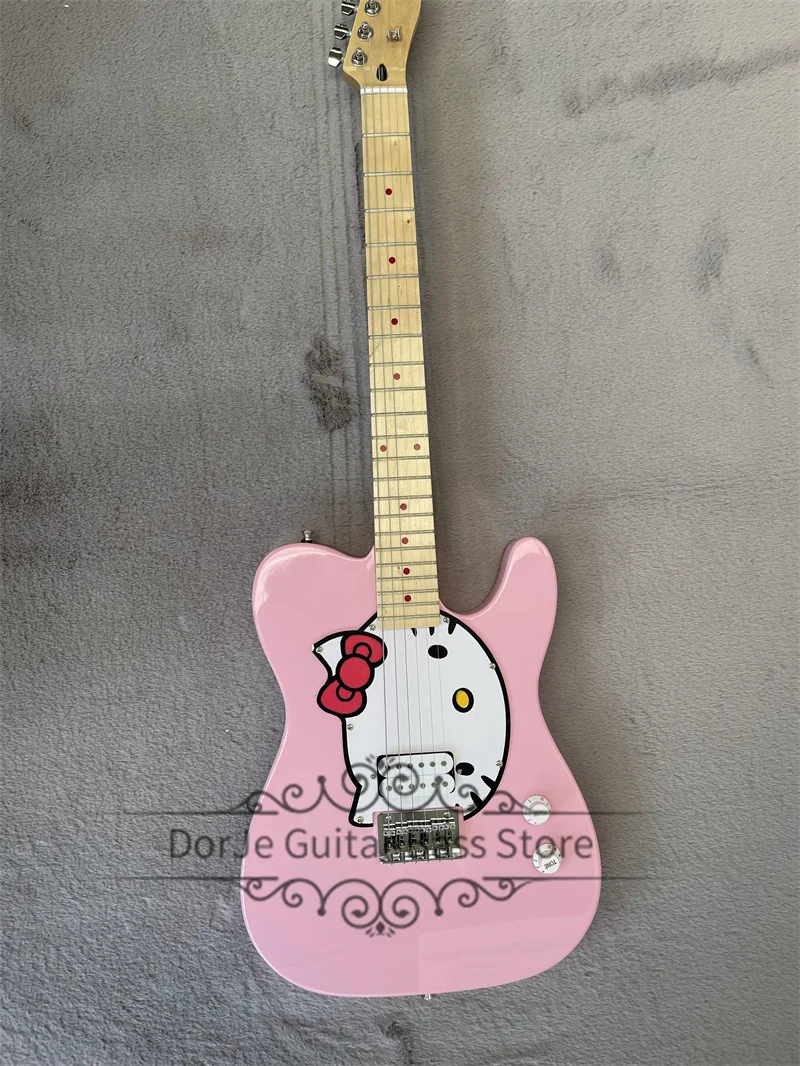 Pink Guitar Tel Electric Guitar Cat Pickguard Maple Fingerboard Red Inlay Fixed Bridge