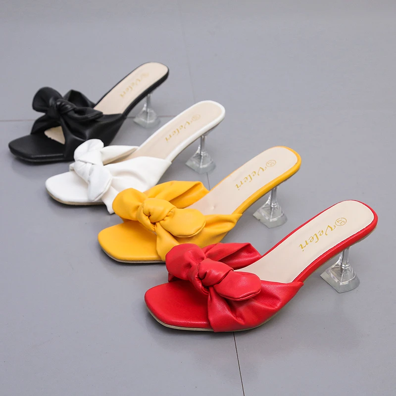 Women Sweet Bow-Knot Slides Slippers 2024 Casual Square Head Crystal Heel Sandal Indoor Outdoor Slippers Open Toe Beach Shoes