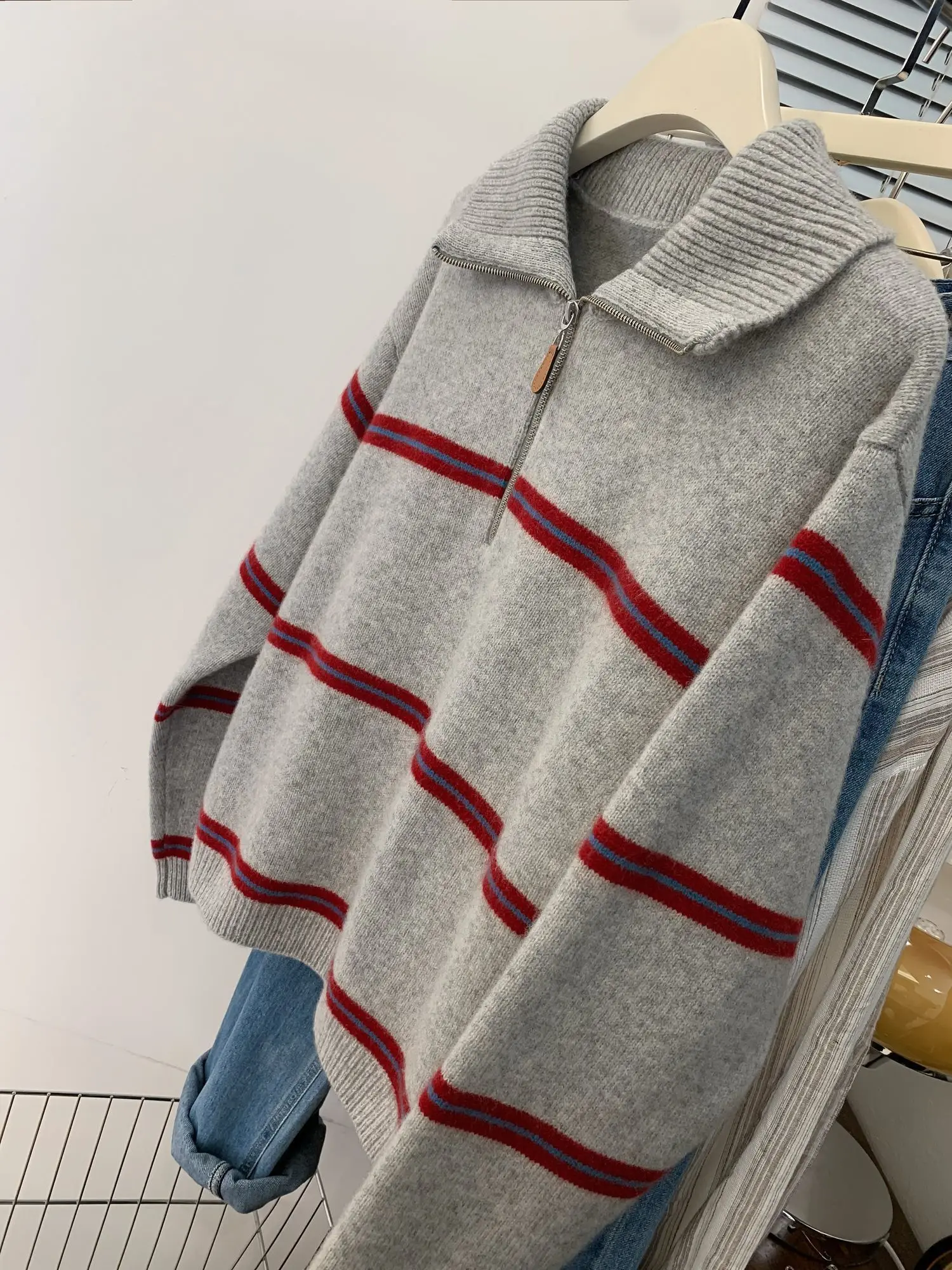 

Women's Lazy Style Pullover Hoodie Knitted Sweater Top Polo Collar Half Zipper Striped Sweater