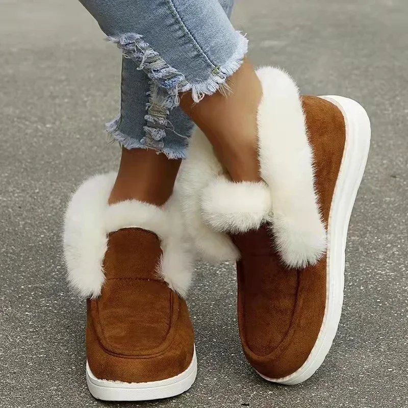 New Ladies Slip on Comfortable Ankle Boots Women Winter Warm Plush Fur Snow Boots Suede Shoes Female Footwear Botas Femininas