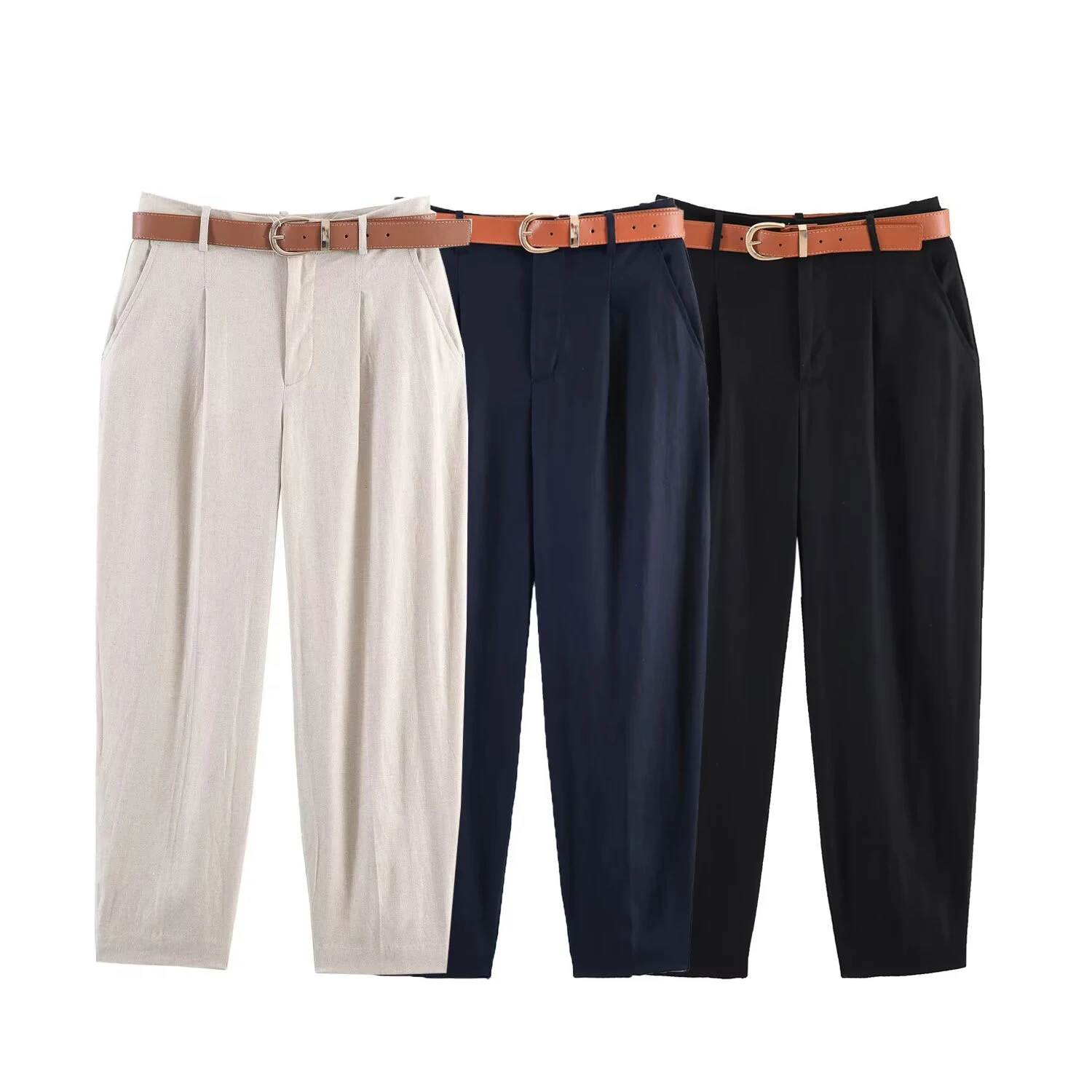 European and American style 2026 summer new women's clothing mid waist linen casual pleated belt pants