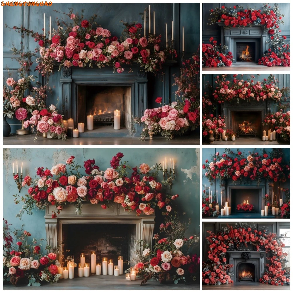 

Flowers Floral February 14th Valentine's Day Backdrops Retro Fireplace Wedding Party Decor Photography Background Photo Studio