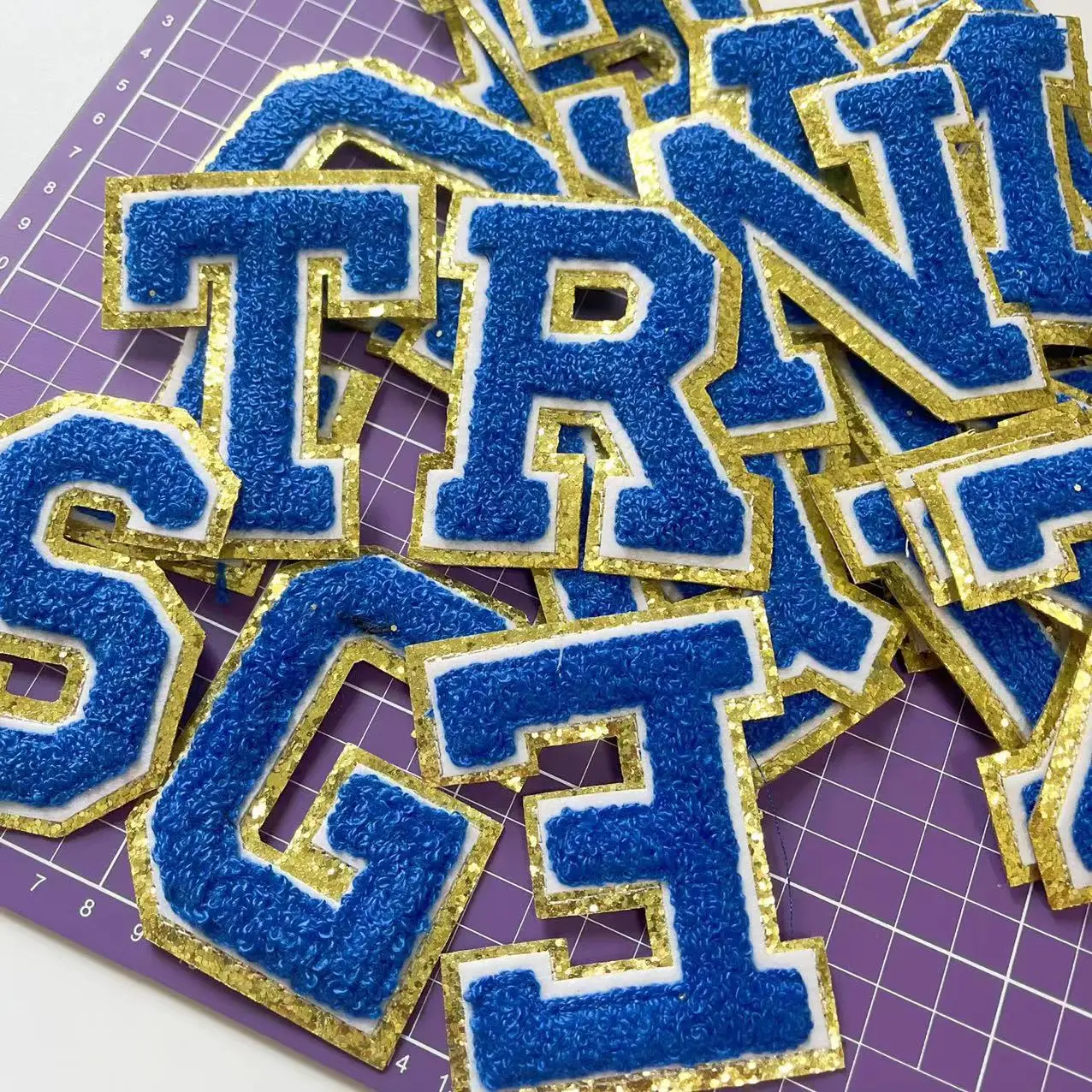 Blue Letters Chenille Towel Embroidered Iron On Patch Applique Diy Name Badge Alphabet Patches For Clothing Bag Accessories