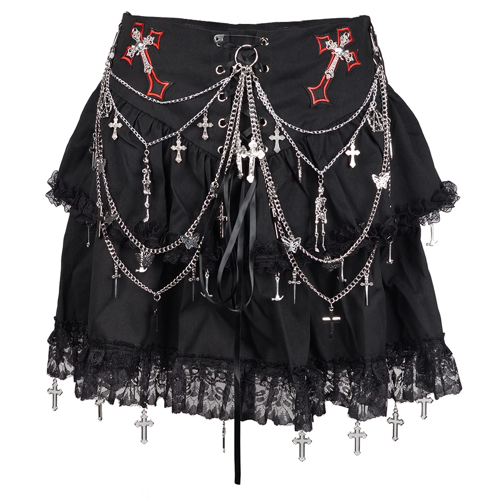 Women's Goth Dark Punk Skirt Cross Chain Skeleton Pendant Heavy Metal Rock Style