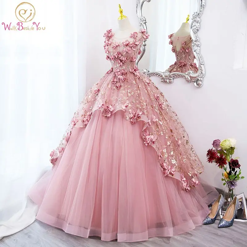 Vestidos de quinceañera, vestido de baile rosa, Floral, dorado, lentejuelas brillantes, cuello transparente, vestidos de fiesta de noche, vestido de