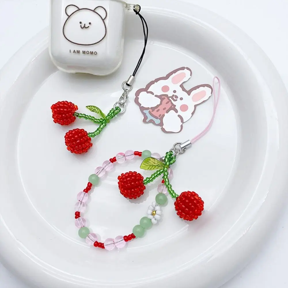 Beaded Y2K Mobile Phone Charms Anti Lost Short Summer Cherry Pendant Korean Key Ring Cherry Phone Lanyard Backpack Ornament view 4