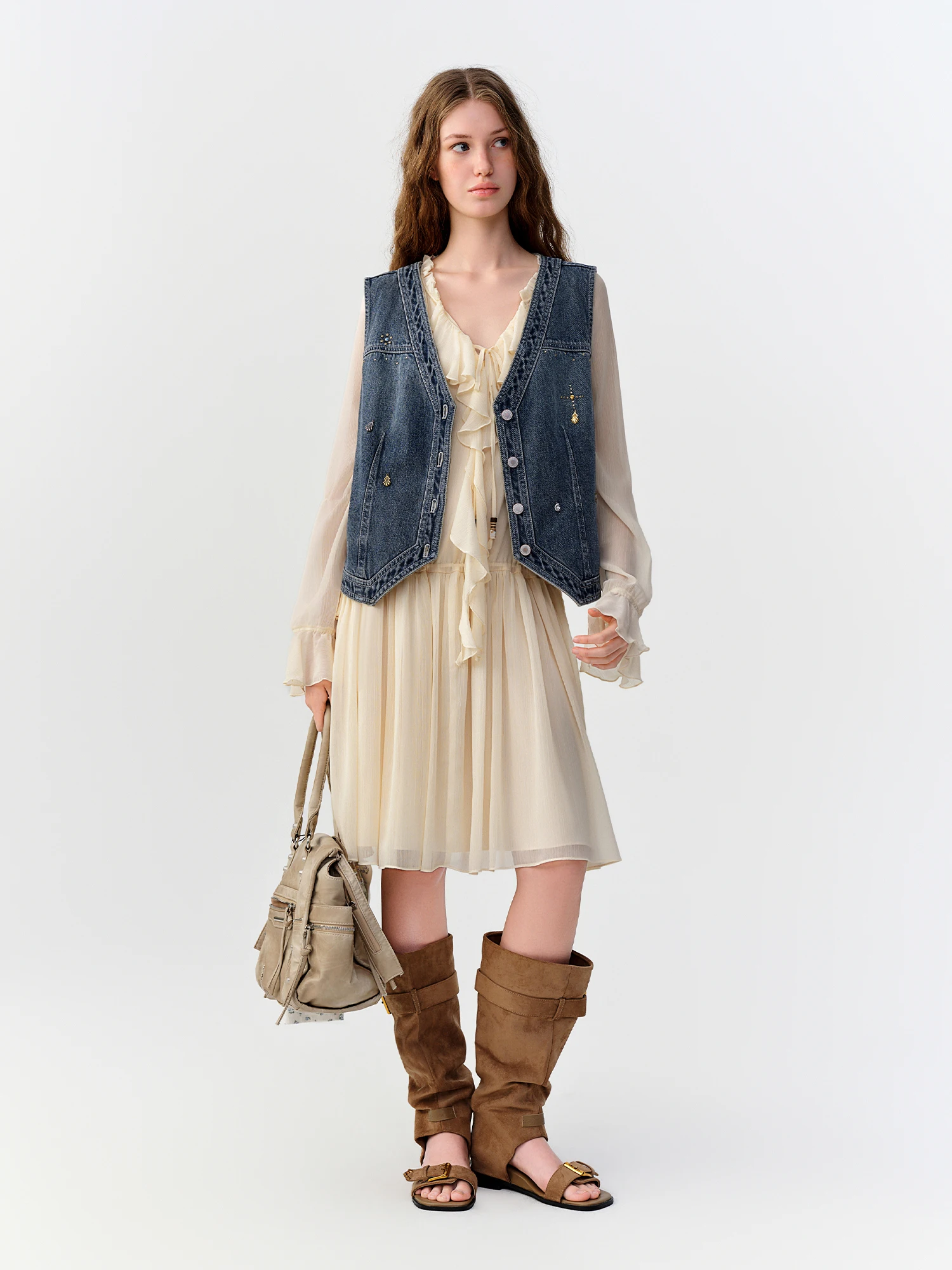 DUSHU V-neck Beaded Rhinestone-studded Vest New Autumn 2026 Denim Vest Jacket Women Retro Straight Loose Fit