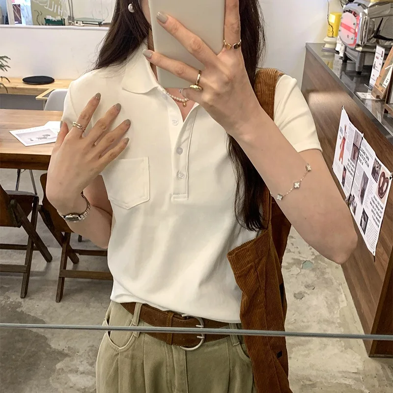Korean Style Polo Shirt Short Sleeve Women's T-shirt Pure Color Patchwork Commute Suitable Medium Softness Has Collar Has Tag
