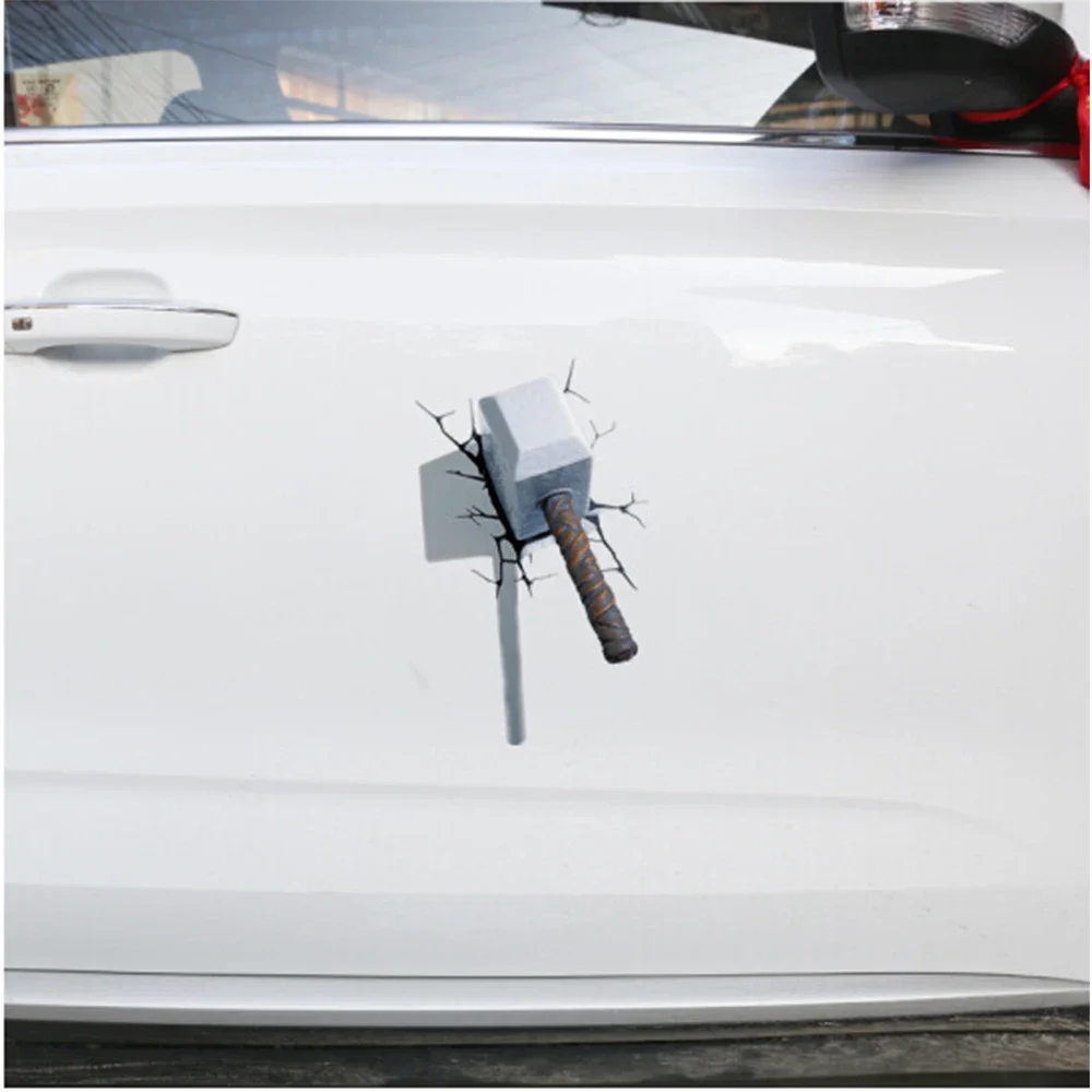 Waterproof Vinyl 3D Crack Hammer Sticker, Eye-Catching Decal for All-Terrain Vehicle Scooter Bumper Door Scratch Cover Acries