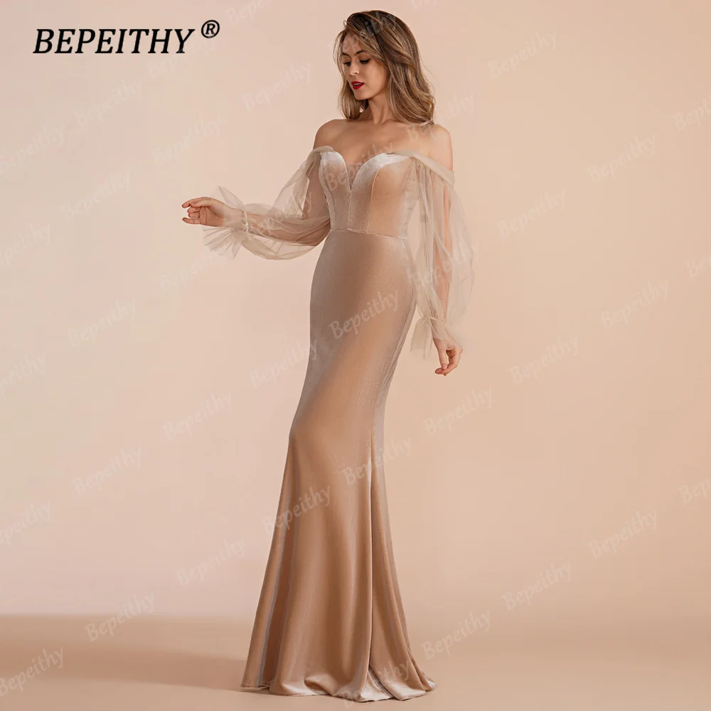 BEPEITHY Customized Mermaid Evening Dresses Formal Special Occasion Floor Length Women Off The Shoulder Puff Sleeves Prom Gown