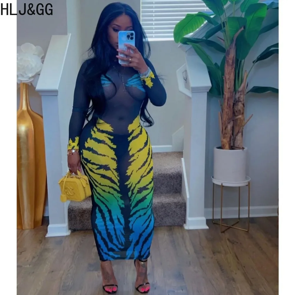 HLJ&GG Sexy Tiger Print Mesh Perspective Bodycon Mid Dresses Women Round Neck Long Sleeve Slim Vestidos Fashion Streetwear 2024