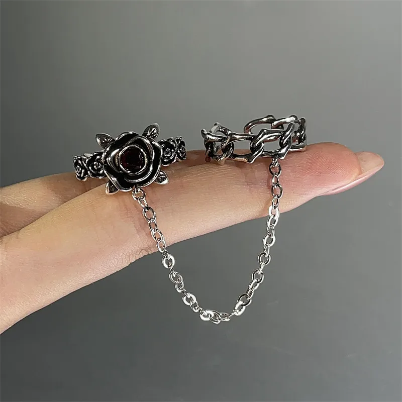 Gothic Punk Red Rose Ring with Ornate Black Vine Witch Pagan Design Vintage Creative Halloween Jewelry for Cool Girls Party Gift