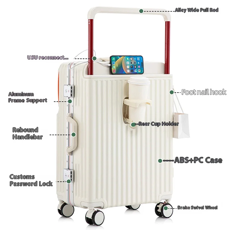 20/24/26 بوصة ABS حقيبة سفر مقبض واسع الجبهة افتتاح الأمتعة مع منفذ USB حامل هاتف عجلات الفرامل للنساء الرجال رحلة