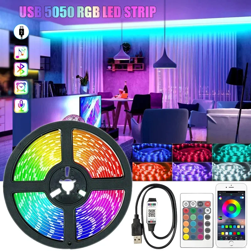 

Светодиодная лента RGB 5050, меняющие цвет светодиодные лампы для комнаты, подсветка телевизора, Рождественский Декор для вечеринки, USB Светодиодная лампа, умное управление через приложение