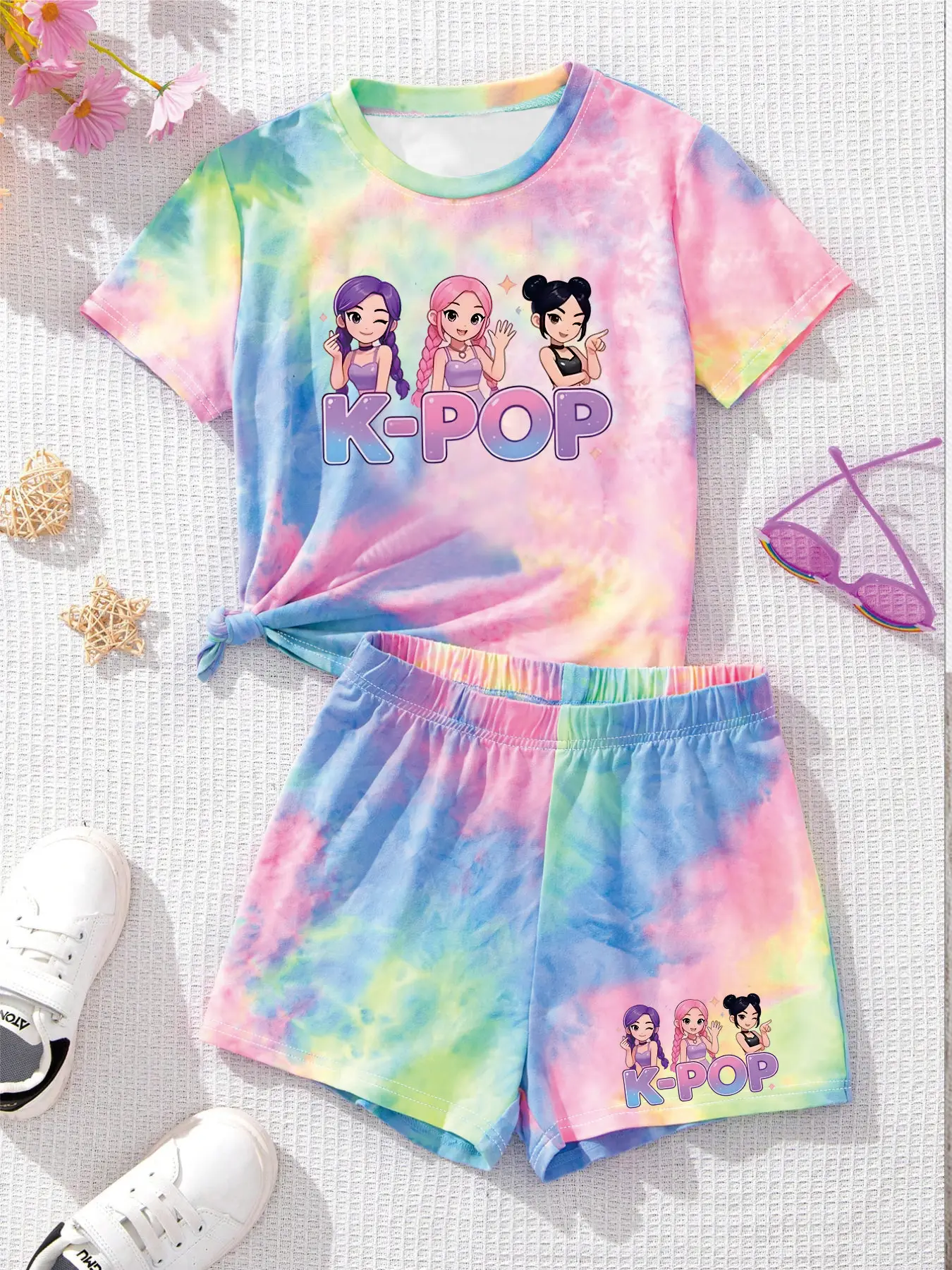 Comfy Kids Girls 2-Piece Tie-Dye K-POP Print Short Sleeve Top & Elastic Waist Shorts Set Summer Soft Breathable Daily School Wea