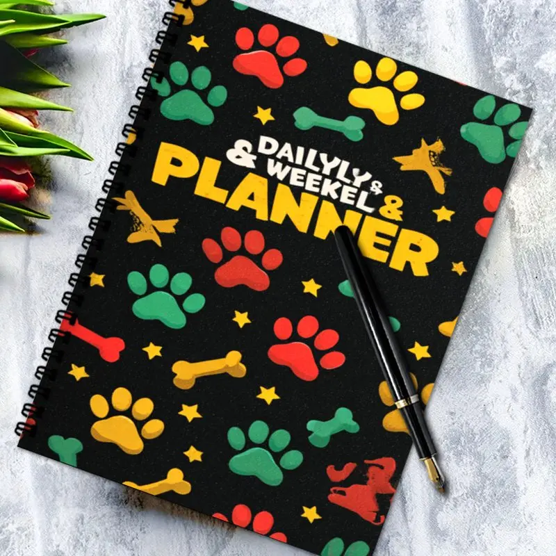 Daily&weekly planner, Spiral Binding Notebook A5, Dog Paw Prints & Bones Design, Suitable for Teachers, Students Office Supplies