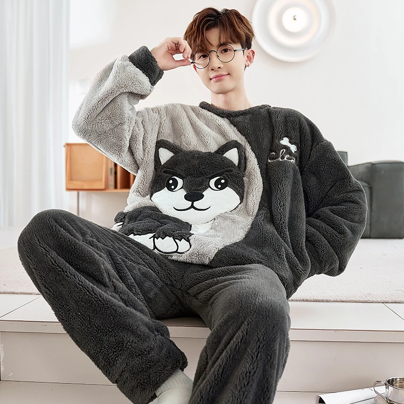 Siberian Husky Men Pajamas Set Adult Sleepwear Winter Thicken Pyjamas Homewear Coral Velvet Soft Warm Leisure Loungewear Pijamas