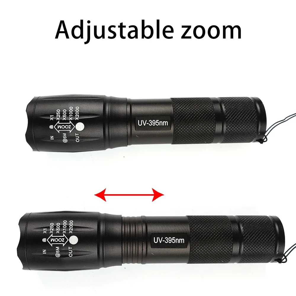 Linternas de doble luz púrpura y blanca, linterna ultravioleta con Zoom, linterna UV retráctil, lámpara de iluminación con detección de agente fluorescente