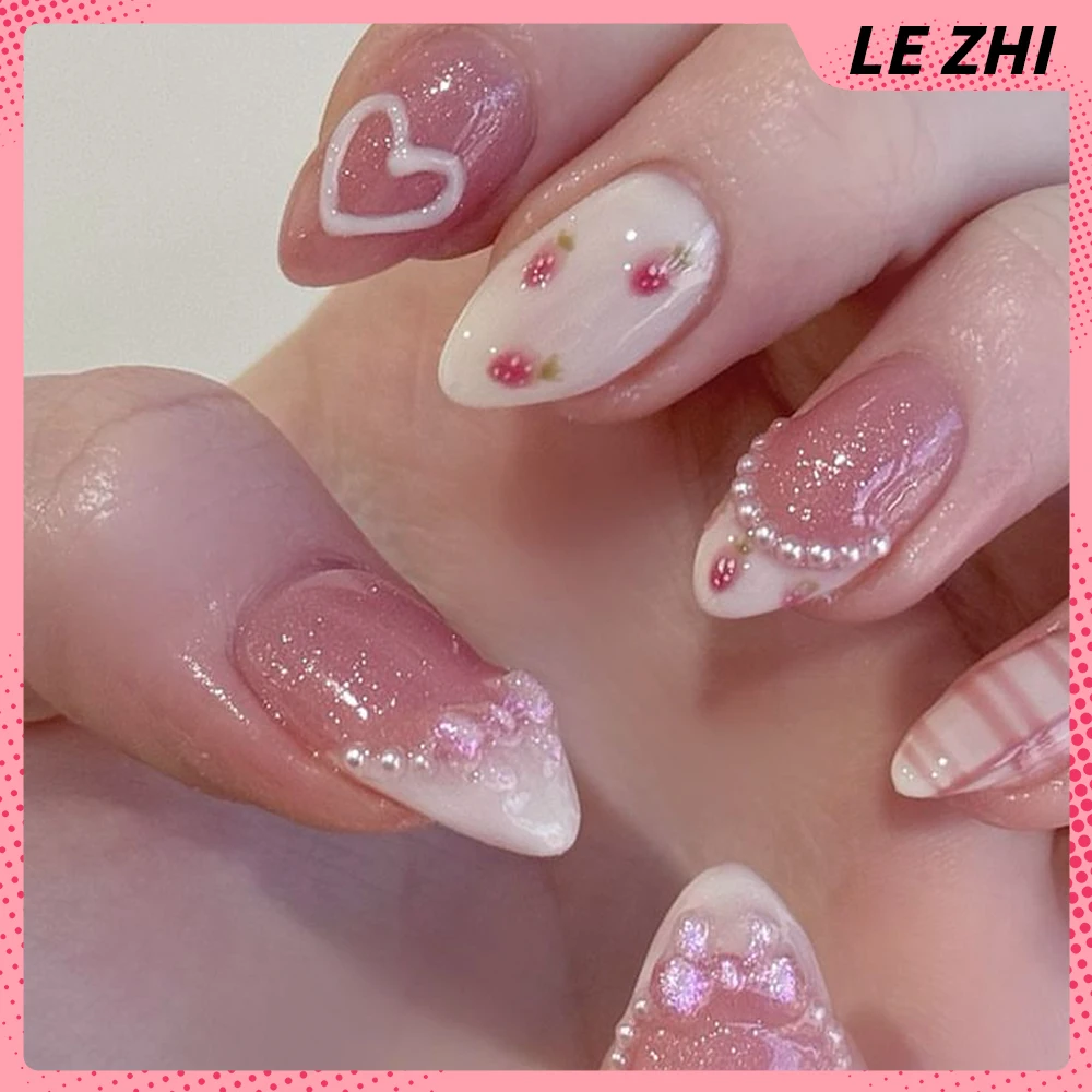 

10Pcs French Nude Pink Cream White Press On Nails Party Sticker Strawberry Pearl Glitter Bow Love Almond Handwork Nails Sticker